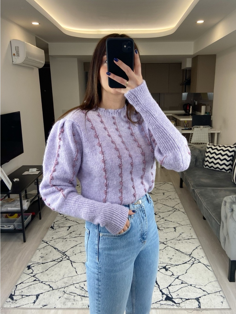 Zara Lilac Cropped Knit Sweater with Lace Hem